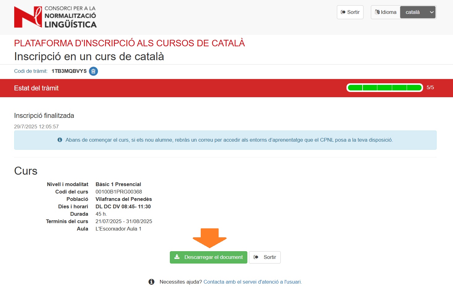 Botó per descarregar el document d'inscripció